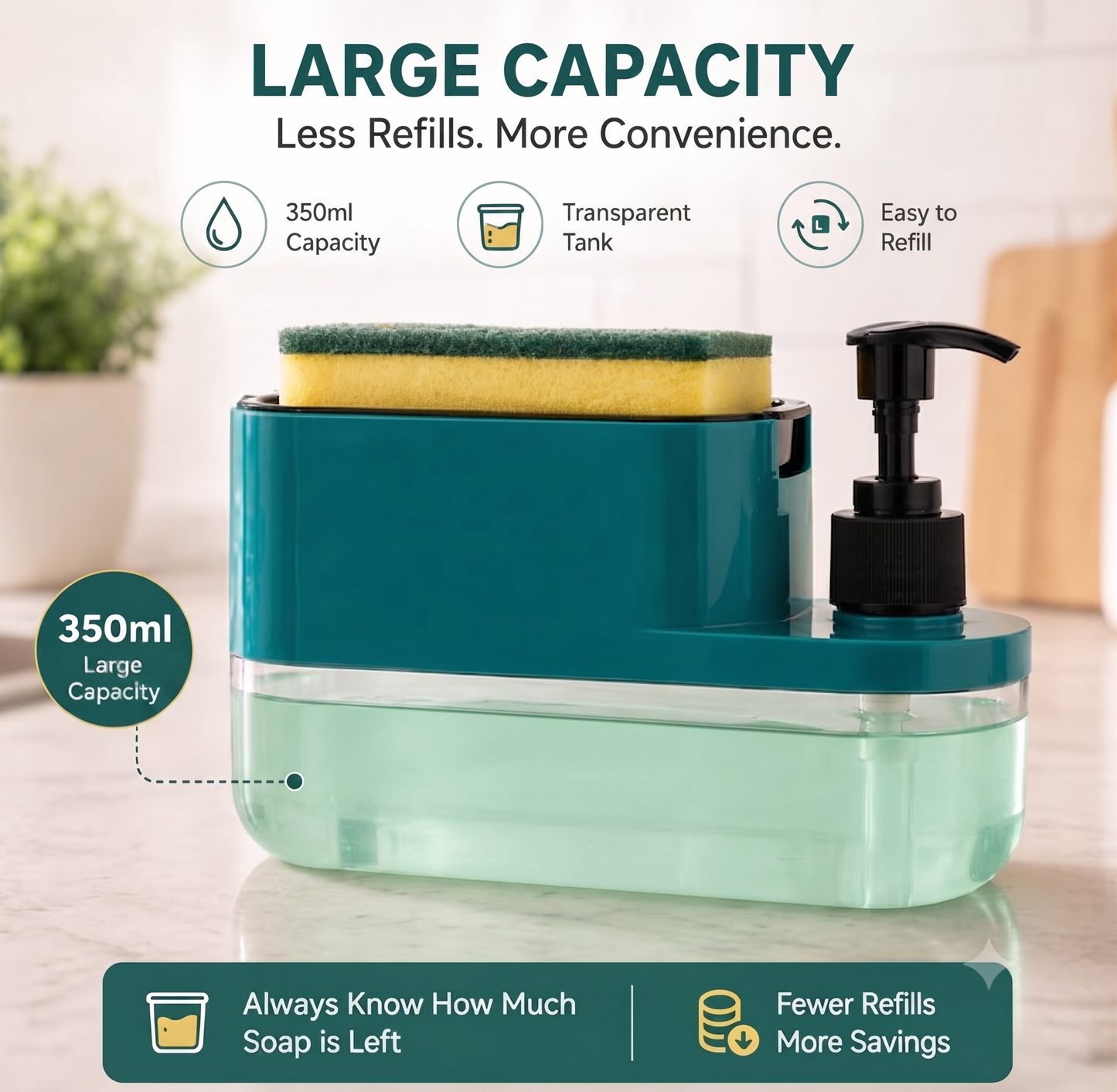 Soap Dispenser for Kitchen | 3 in 1 Soap Dispenser for Kitchen (Sponge Free) with Sponge Holder