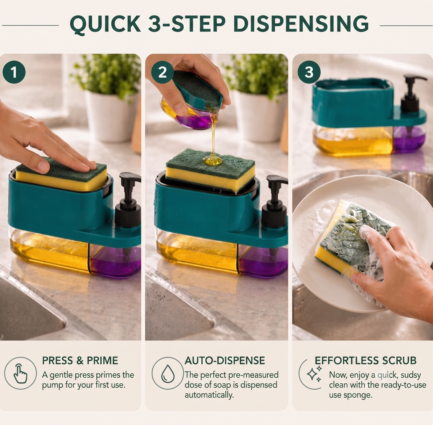 Soap Dispenser for Kitchen | 3 in 1 Soap Dispenser for Kitchen (Sponge Free) with Sponge Holder